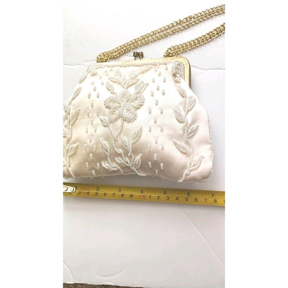 Vintage Beaded Purse Handbag Satin Beige Gold Chain Handmade Glam 1950s Style - Picture 6 of 13